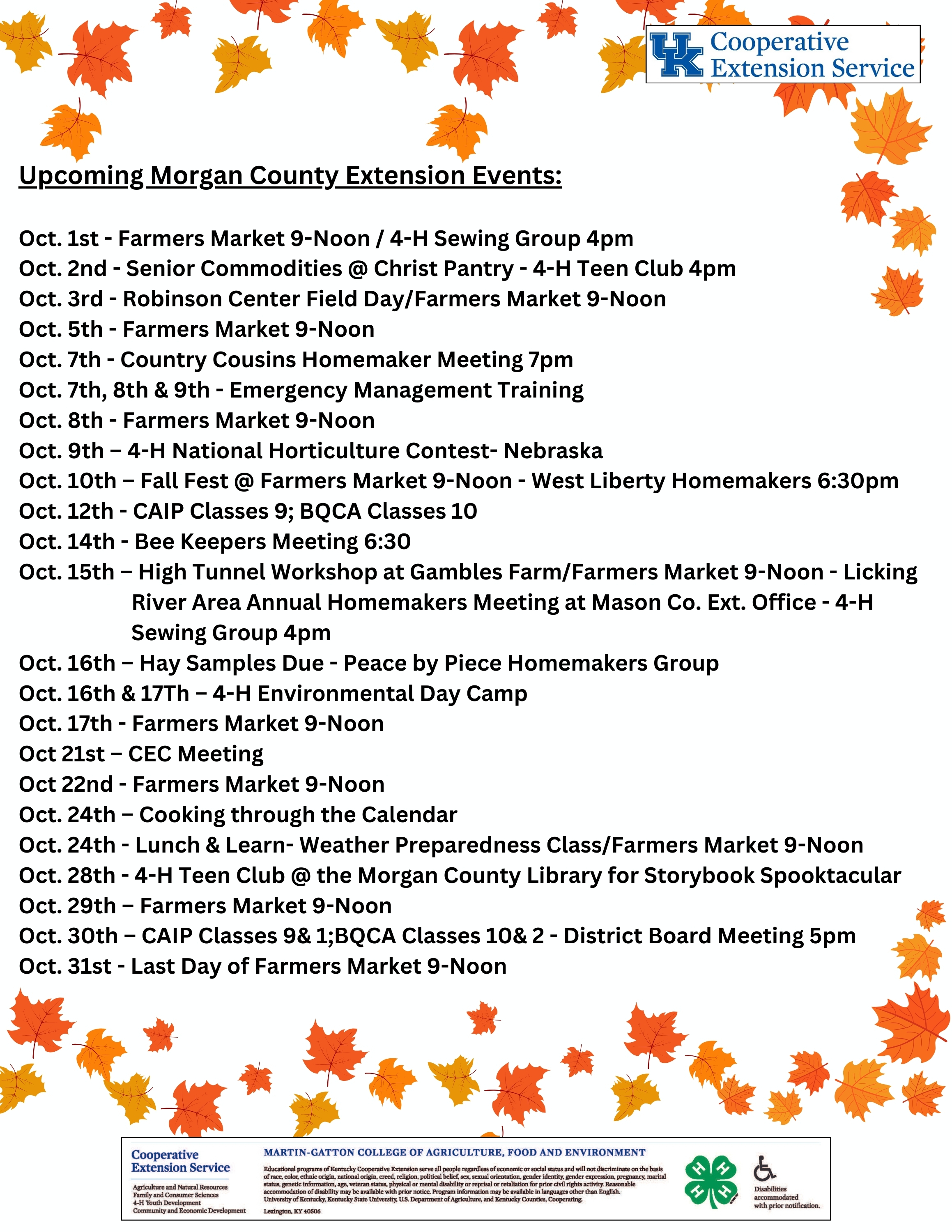 Events for October County Extension Office